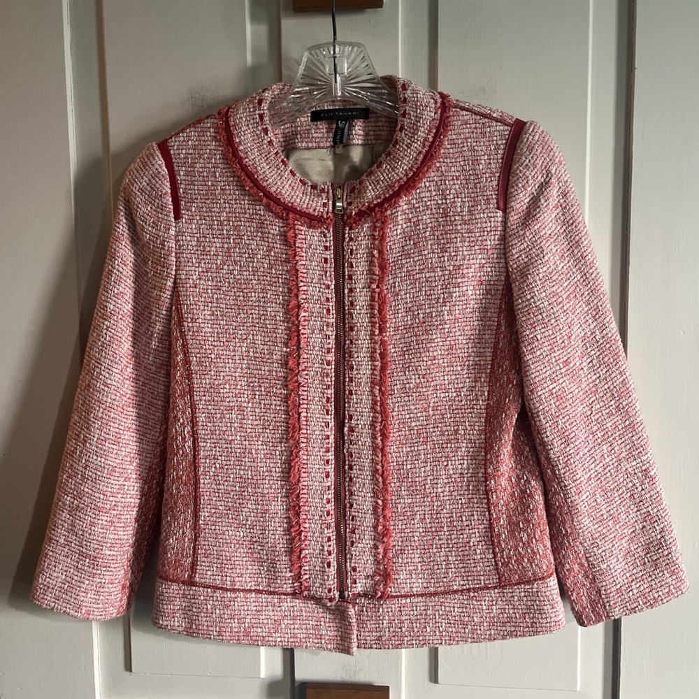 Ellie Tahari 5F Coral Tweed Jacket Zip Blazer Jacket Size XS Designer Lux